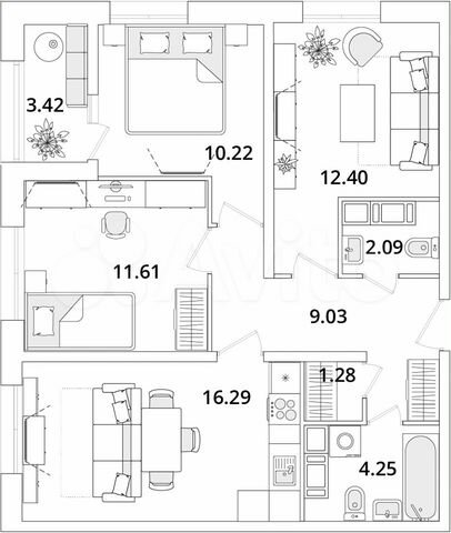 3-к. квартира, 68,9 м², 17/22 эт.
