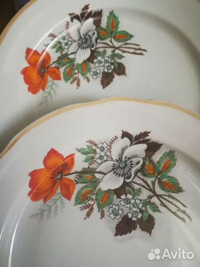 Заварочный чайник, чайная пара, блюдца, тарелки