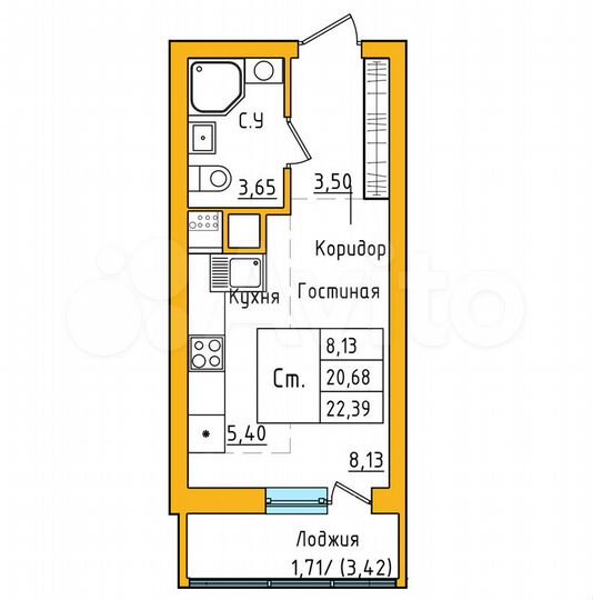 Квартира-студия, 22,4 м², 7/27 эт.