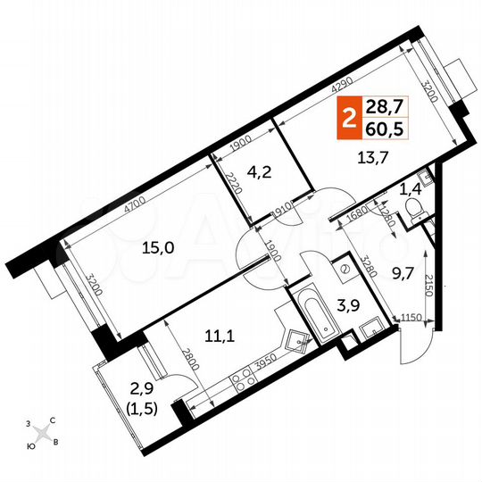 2-к. квартира, 60,5 м², 2/9 эт.