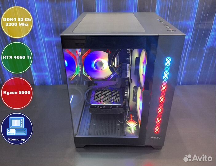 Мощный пк 2024 AMD5500-RTX4060Ti-32DDR4-MUS491-A520