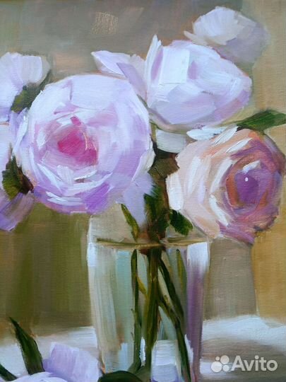 Цветы в вазе розы картина маслом 30 х 40 см