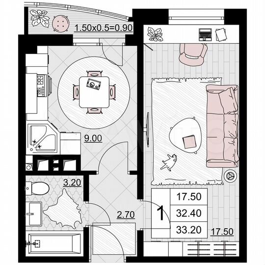 1-к. квартира, 33,2 м², 7/12 эт.