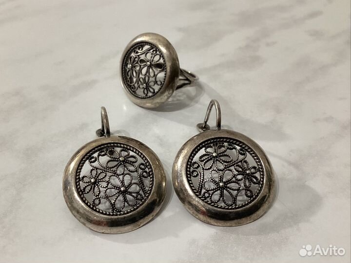 Серьги перстень серебро цветы