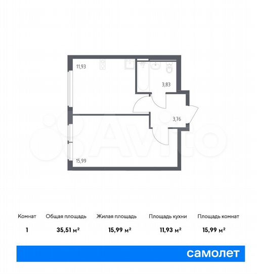 1-к. квартира, 35,5 м², 2/14 эт.