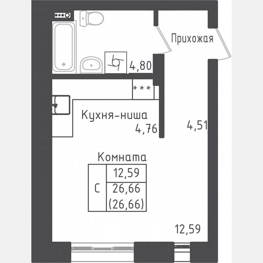 Квартира-студия, 26,7 м², 1/5 эт.