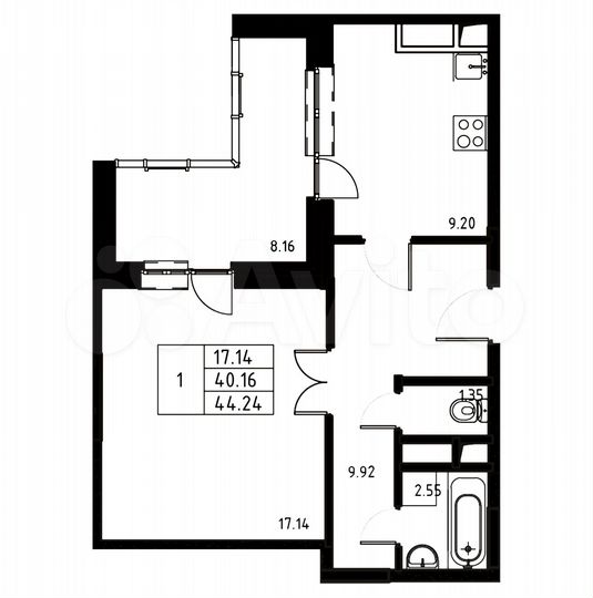 1-к. квартира, 44,2 м², 15/17 эт.