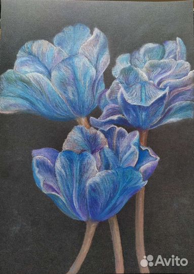 Картина пастель синие цветы формат А3