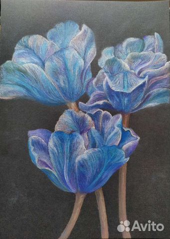 Картина пастель синие цветы формат А3