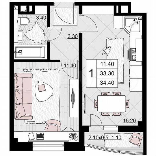 1-к. квартира, 34,4 м², 8/9 эт.