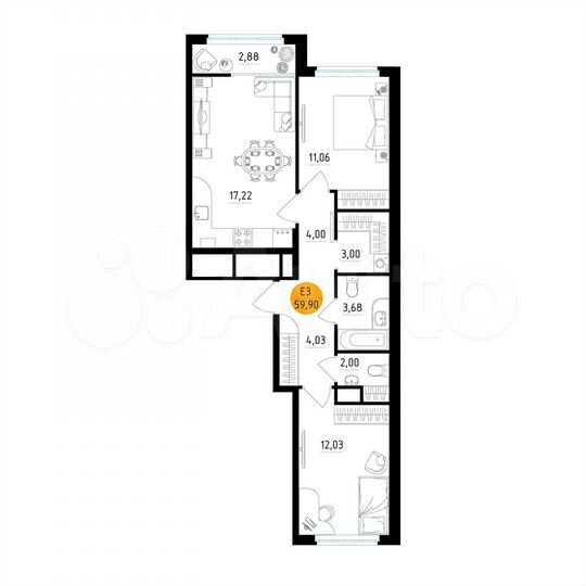 2-к. квартира, 59,9 м², 2/25 эт.
