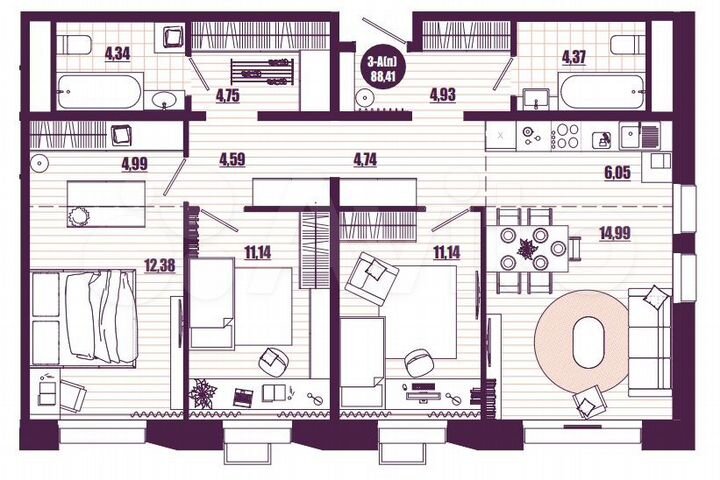3-к. квартира, 88,4 м², 6/16 эт.