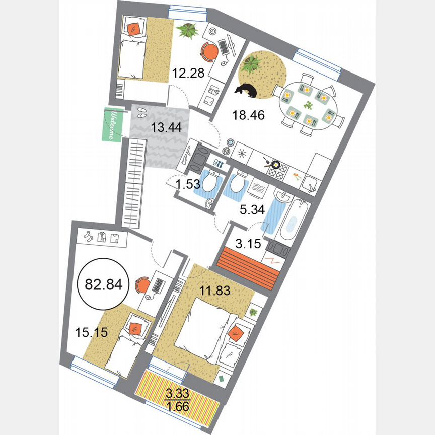 3-к. квартира, 82,8 м², 12/12 эт.