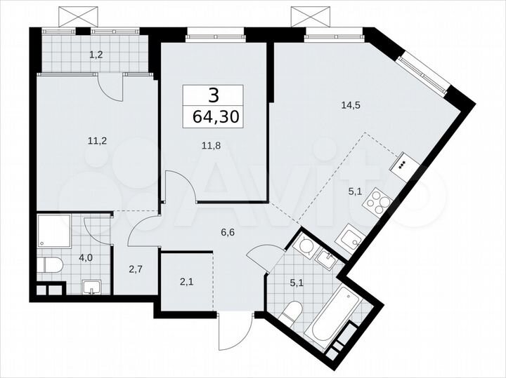 3-к. квартира, 64,3 м², 10/16 эт.