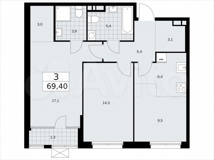 3-к. квартира, 69,4 м², 10/16 эт.