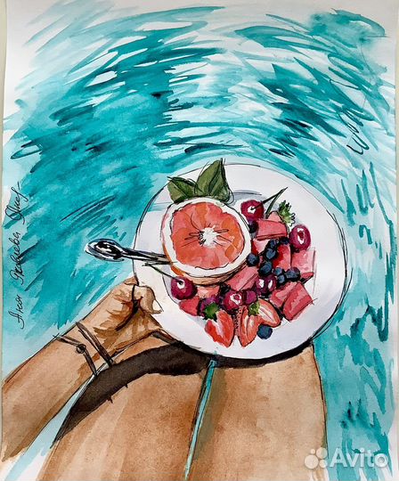 Картина акварель Завтрак у бассейна