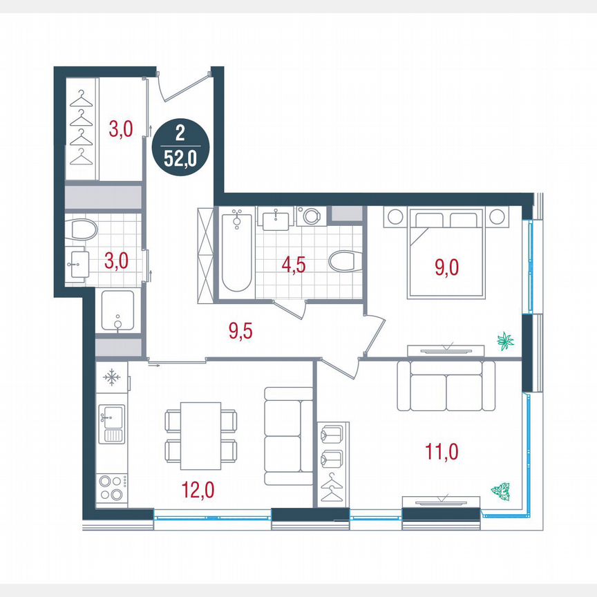 2-к. квартира, 52 м², 9/32 эт.