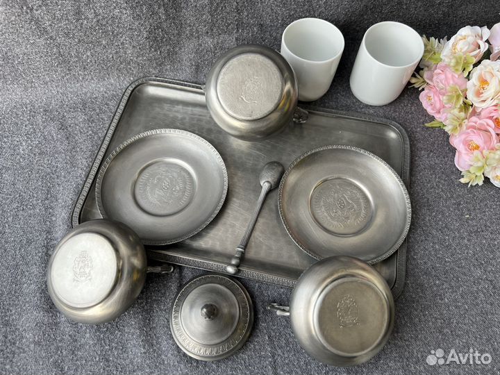 Винтажный кофейный набор, сахарница оловянная