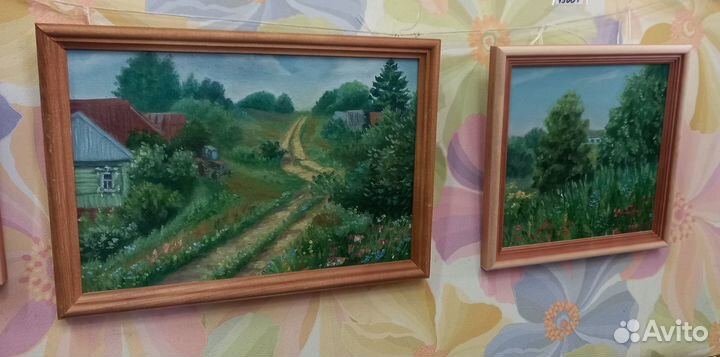 Картина маслом,деревенский пейзаж.21*30