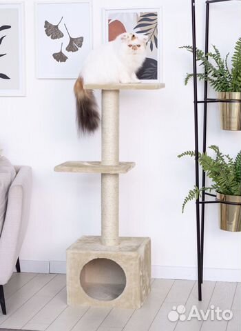 Домик-когтеточка для кошки 35/35/104см, бежевая