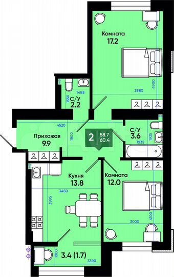 2-к. квартира, 60,4 м², 1/3 эт.