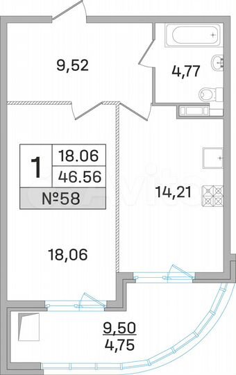 1-к. квартира, 46,6 м², 14/19 эт.