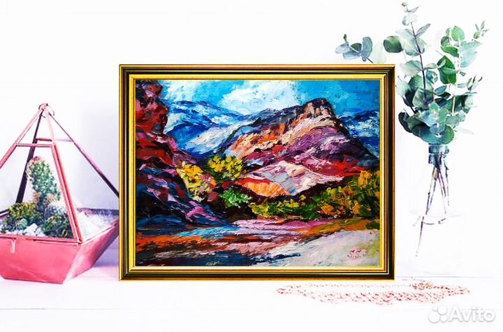 Картина маслом Крым на холсте горный пейзаж озеро