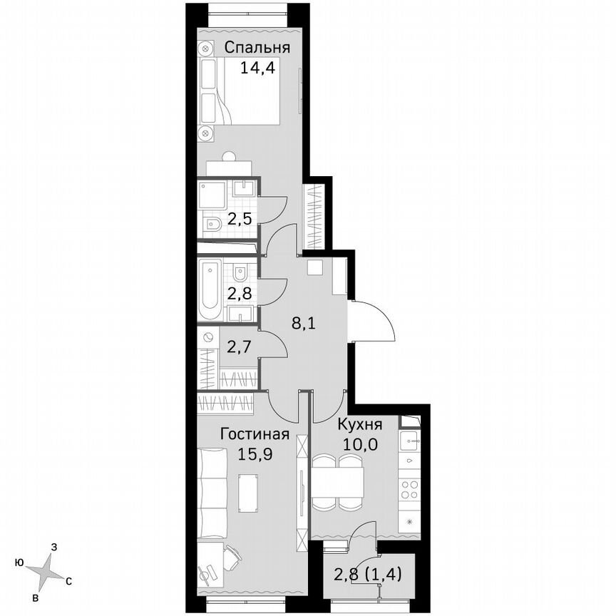 2-к. квартира, 58 м², 23/23 эт.