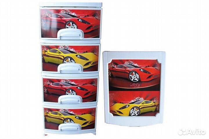 Комод детский пластиковый Декор Тачки белый