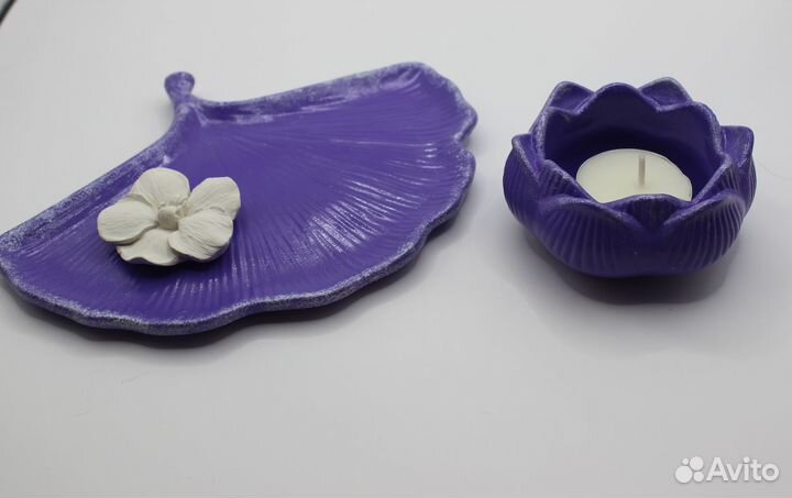 Декор из гипса. Набор лист гинго и подсвечник