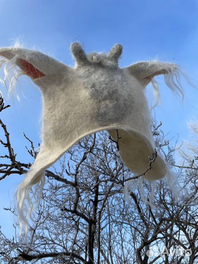 Шапка шлем с ушками 100% шерсть ручная работа