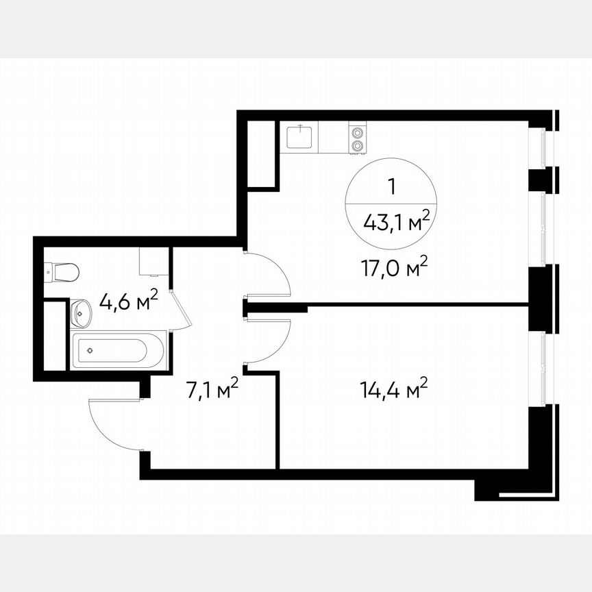 1-к. квартира, 43,1 м², 8/19 эт.