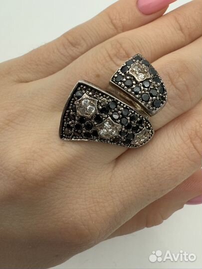 Кольцо серебро 925 звезды чёрный агат/фианит