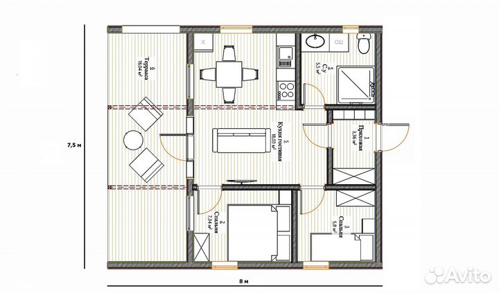 Модульный дом 60 м2 под ключ, 2 спальни, терраса