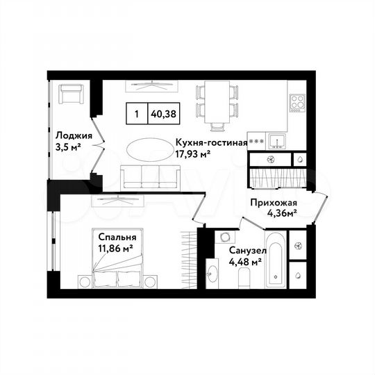 1-к. квартира, 40,4 м², 20/25 эт.