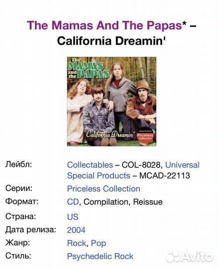 The Mamas And The Papas-California Dreamin’ CD USA