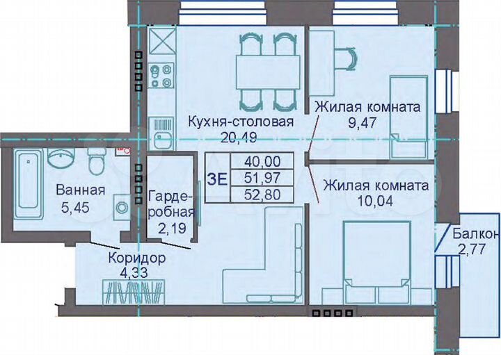 3-к. квартира, 52,8 м², 4/5 эт.
