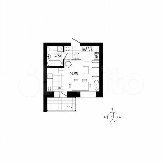 1-к. квартира, 26,9 м², 2/4 эт.