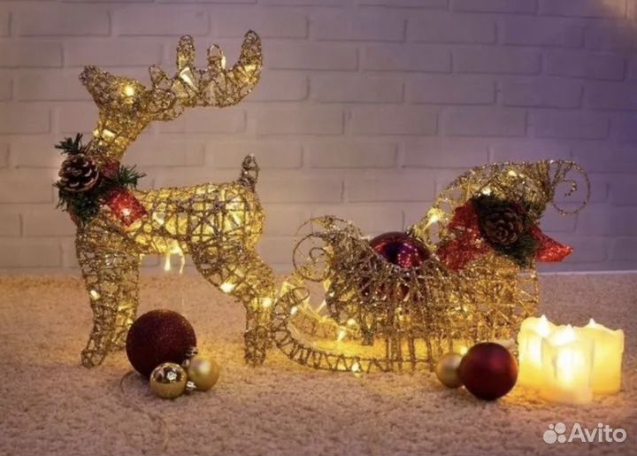 Олень с санями, светяться, новый год