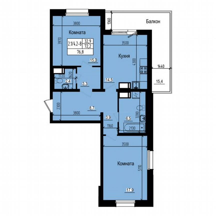 2-к. квартира, 76,8 м², 4/23 эт.