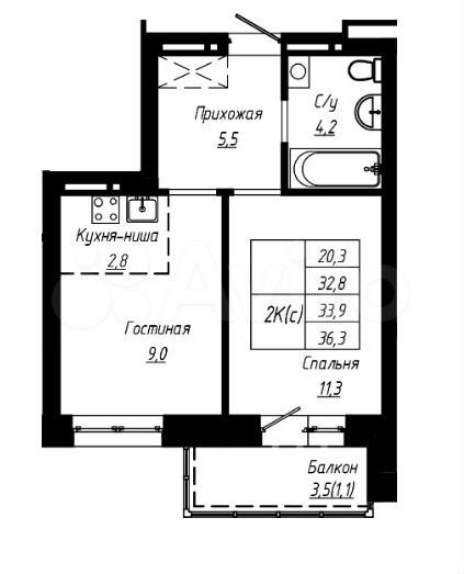 2-к. квартира, 33,9 м², 10/16 эт.