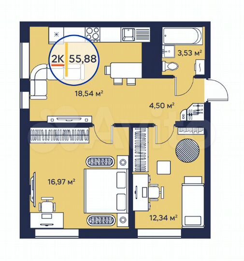 2-к. квартира, 55,8 м², 6/23 эт.