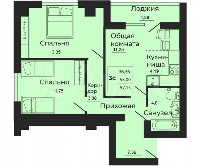 2-к. квартира, 57 м², 20/24 эт.