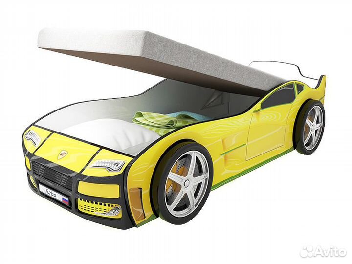 Кровать-машина Турбо Желтая с пм, с колесами (2шт