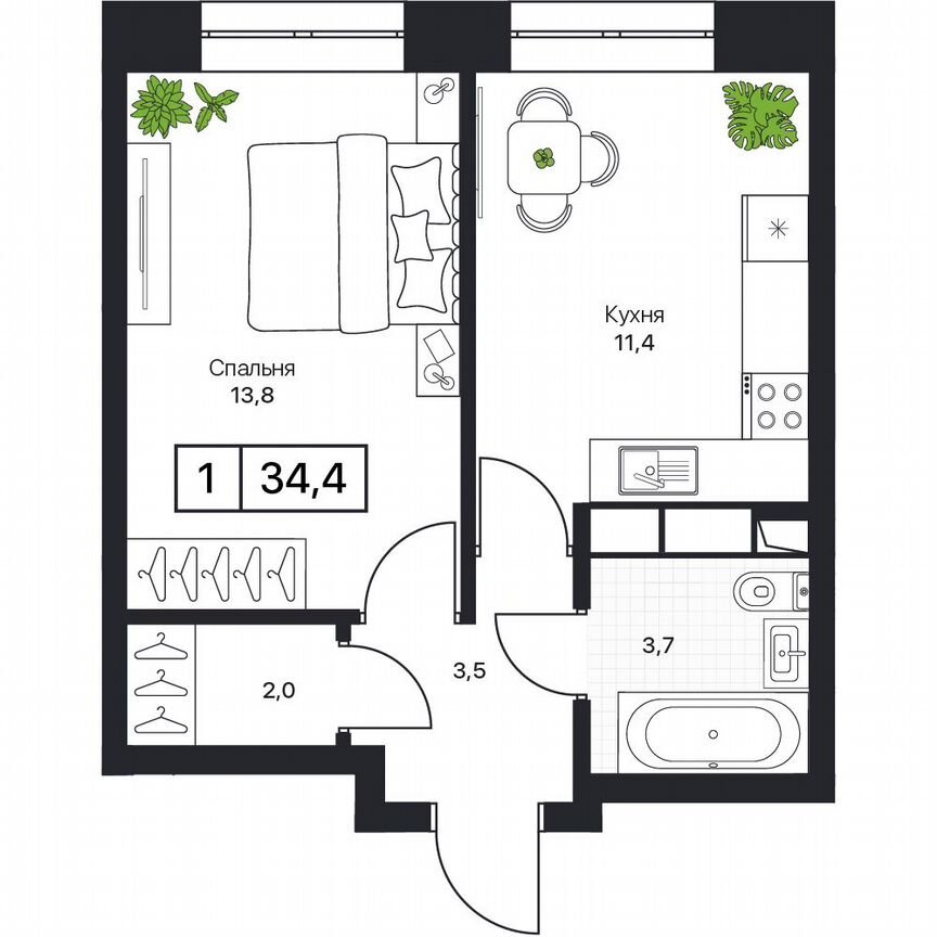 1-к. квартира, 34,4 м², 10/17 эт.