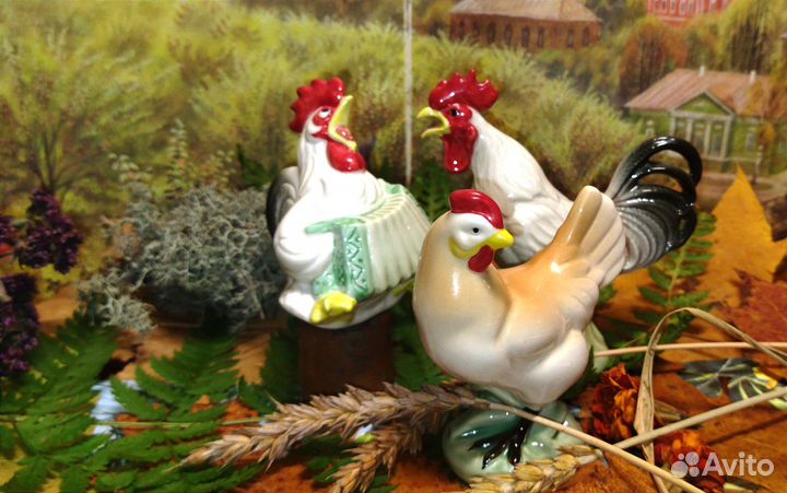 Петушок и курочка, петушок с гармошкой статуэтки