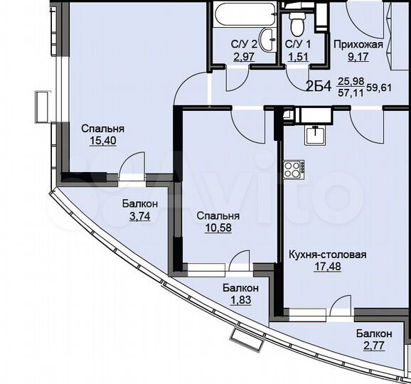 2-к. квартира, 59,6 м², 17/17 эт.