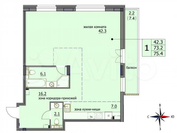 3-к. квартира, 75,4 м², 7/8 эт.