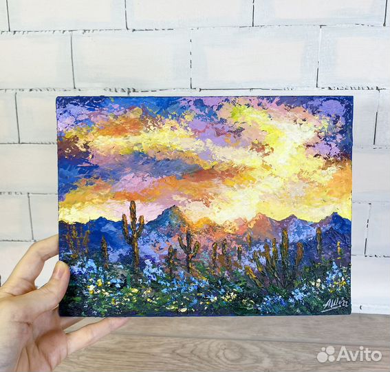 Картина пустыня кактусы Горный пейзаж Этюд закат