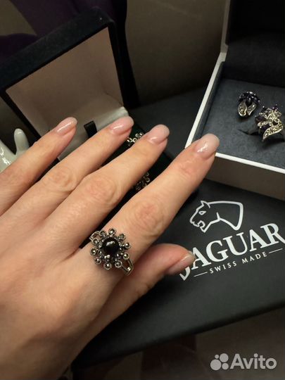 Серебряный комплект кольцо и серьги кулон